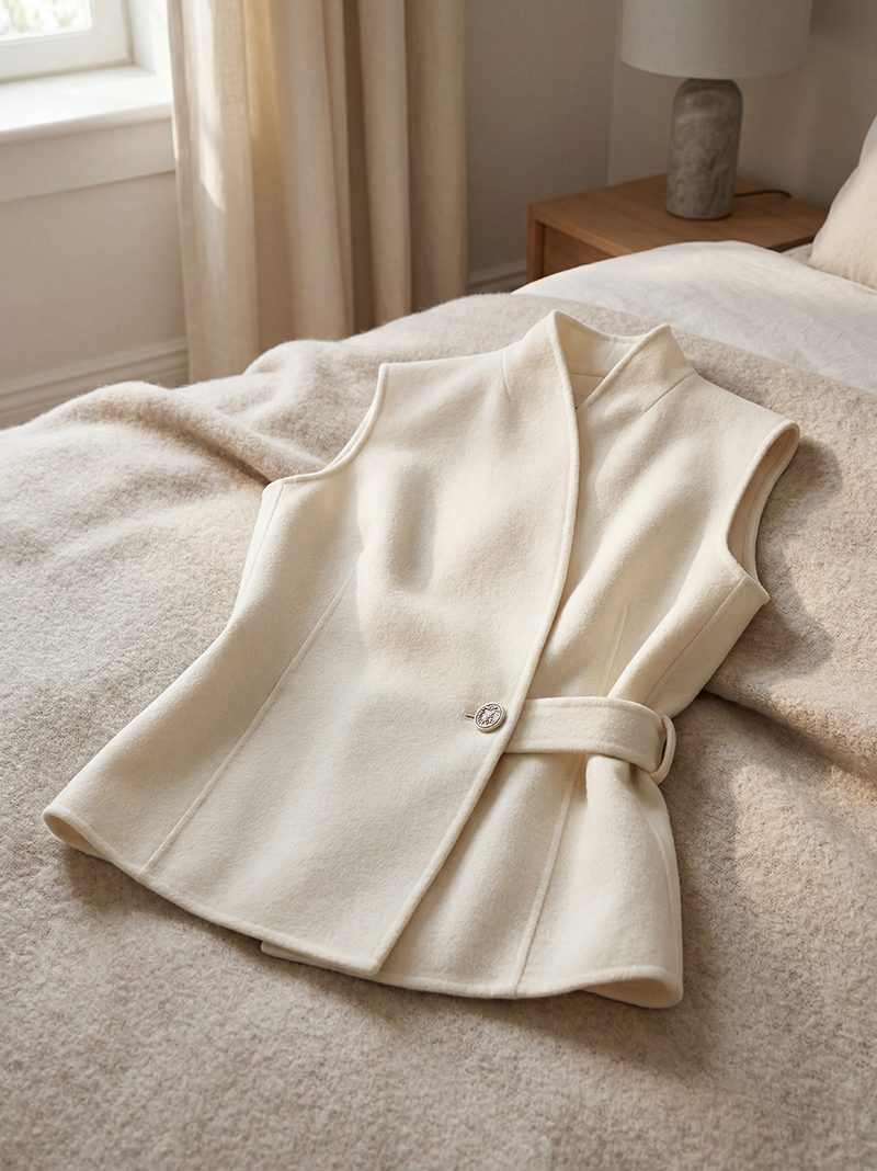 Ivory Cashmere Belted Sleeveless Jacket